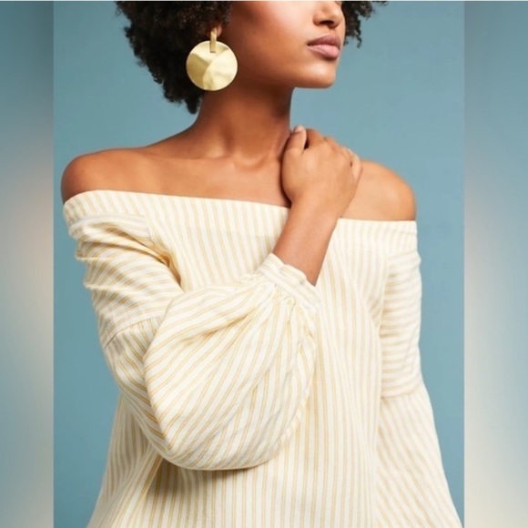 Anthropologie Maeve Clotille Off The Shoulder Top Balloon Sleeves Yellow Striped - Picture 1 of 3